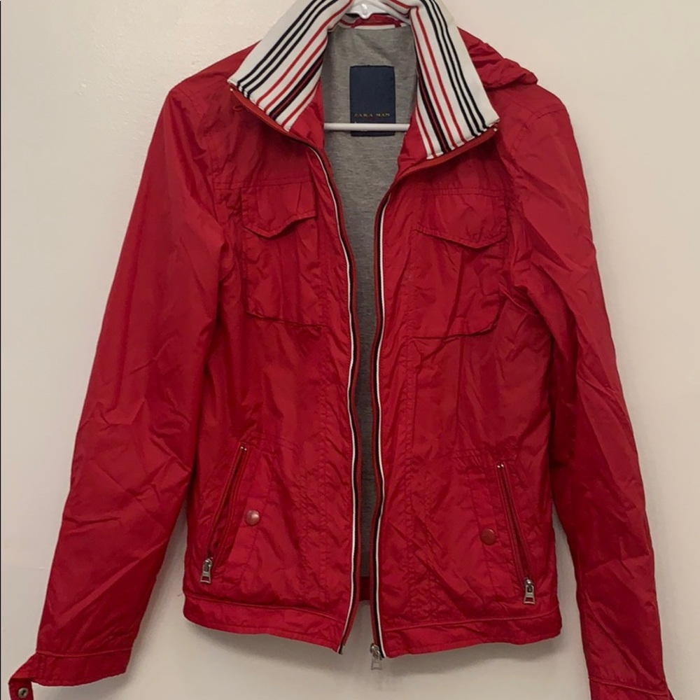 Zara red rain hooded jacket